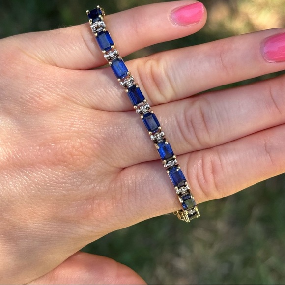 Solid 14k Yellow Gold Sapphire & Diamond Tennis Bracelet - Picture 13 of 16